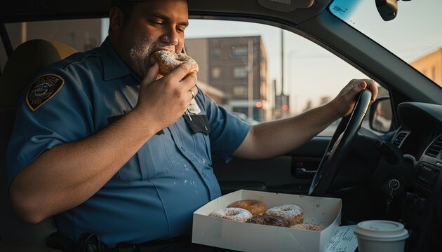 Police officer is eating donuts in cop patrol car