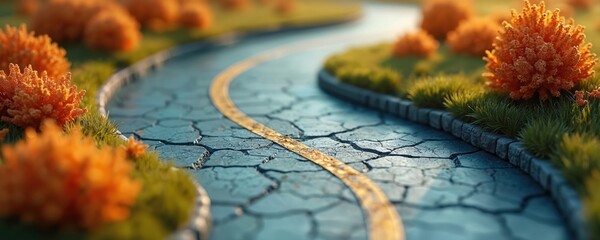 Cracked abstract road with yellow line curves through green grass and orange bushes. A visual metaphor for a complex journey or path, suitable for business and life concepts.