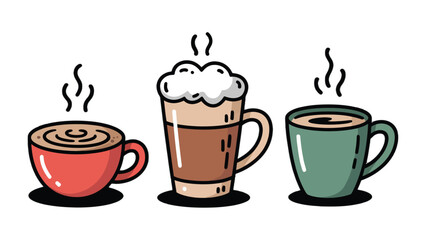 Aromatic Trio: An inviting illustration of three distinct coffee beverages, steaming gently, inviting a moment of warmth and delight.