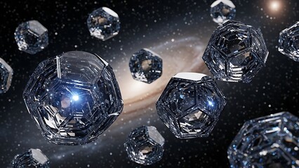 Diamonds floating in space with planet and stars galaxy