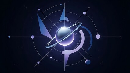 Planet with ring system and geometric shapes in space stars