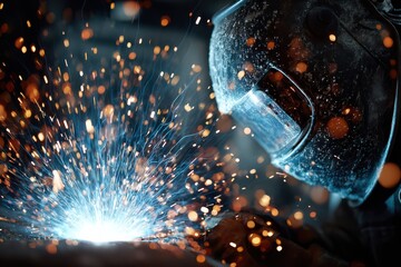 Industrial welding with bright sparks and protective helmet