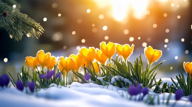 Spring booming. Life. New hope. Season. yellow crocuses in the snow during sunsetyellow crocus flowers in sunlight with bokeh effectyellow crocs in sunlight.