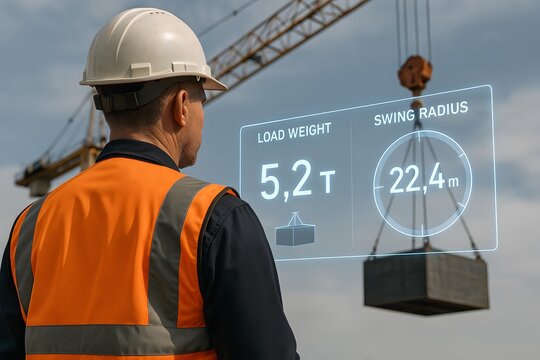 A construction worker wearing a hard hat and safety vest looking at a crane with augmented reality display - Powered by Adobe