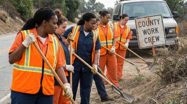 Prison inmates work crew - orange jumpsuits cleaning trash and digging ditches