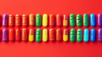 The image shows a collection of capsules, each with a different bright color such as purple, orange, yellow, green, and blue. They are perfectly aligned in horizontal rows against a striking red