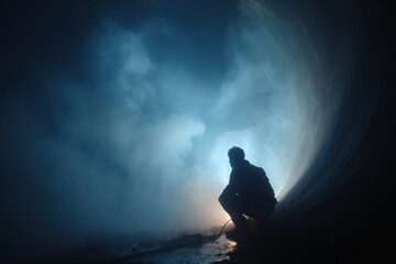 Person crouching in dark, foggy tunnel with mysterious light