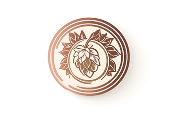 Brown hop cone logo on circular badge with leaves