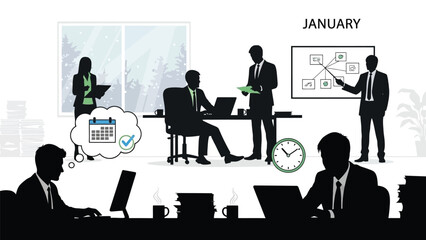 Business team planning meeting in january with calendar and clock