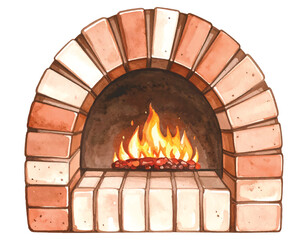 Watercolor Brick Fireplace with Burning Flames and Logs hearth vector illutrastion transparent background