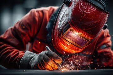 Welder working with sparks and protective helmet