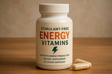 A bottle of energy vitamins on a table