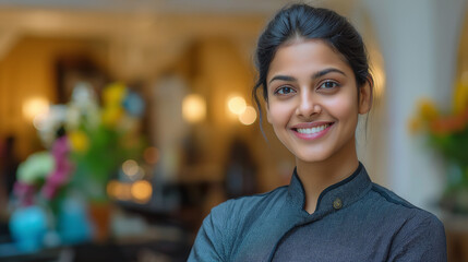 Smiling Woman Chef in Professional Uniform Displaying Confidence and Passion for Cooking at a Modern Restaurant with Warm Lighting and Colorful Decor