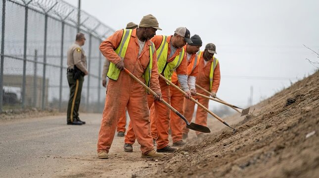 Prison inmates work crew - orange jumpsuits cleaning trash and digging ditches