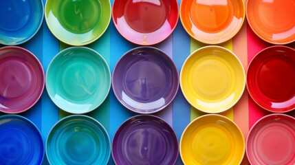This image displays a collection of twelve brightly colored bowls presented in a variety of solid, lively hues. The bowls are aligned in four rows and three columns, each resting on a background of