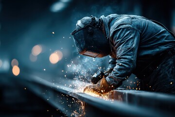 Industrial worker welding metal with bright sparks