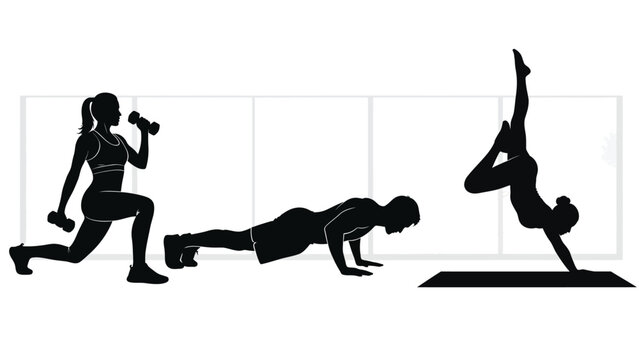 People doing various yoga and exercise poses silhouette