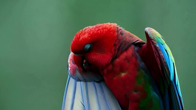 A vibrant crimson rosella parrot nestles its colorful feathers, embodying the tranquil serenity of nature, against a soft, unfocused background.