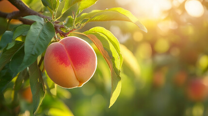 Ripe peach hanging on a tree branch, surrounded by green leaves, capturing natural freshness, color, and the beauty of orchard fruit in sunlight.
