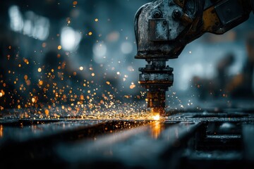 Industrial robotic arm cutting metal with bright sparks