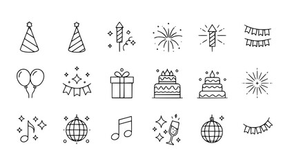 Celebration and party line editable icon set with festive symbols