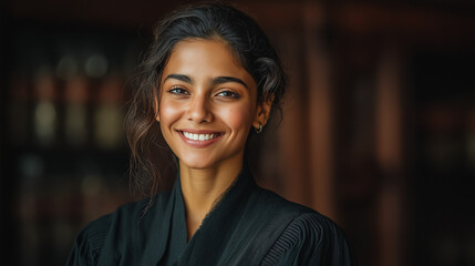Joyful Young Woman in Professional Attire with Confident Smile and Brunette Hair in a Library Setting - Empowerment & Success in Modern Work Environment