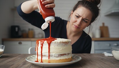Woman is pouring ketchup on cake for no reason