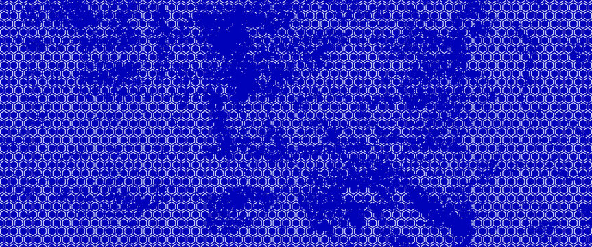 Abstract blue background featuring a repeating hexagonal honeycomb pattern combined with a distressed grunge texture. The bold cobalt blue color and geometric