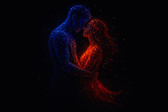 Abstract digital art of a man and woman embracing in glowing blue and red neon particles