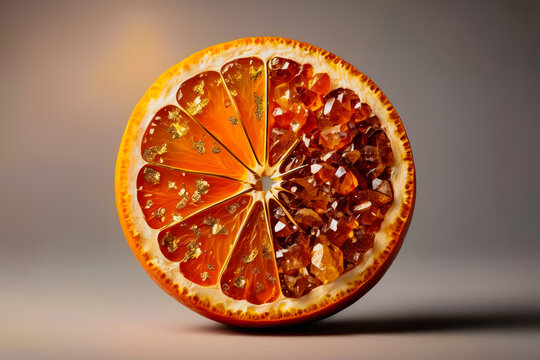 Macro view of a sliced orange showing detailed juice vesicles and textures