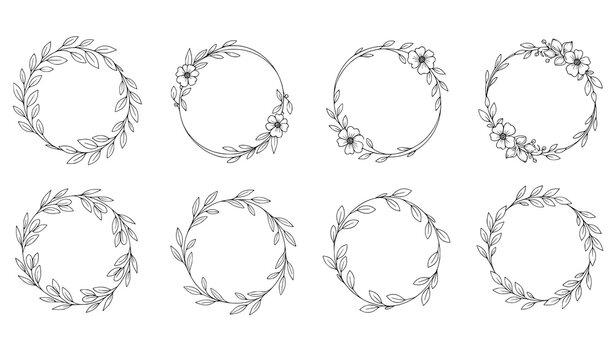 Hand drawn circular wedding frame set with elegant floral decorative outlines