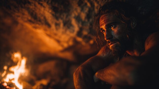 caveman in a cave by the fire