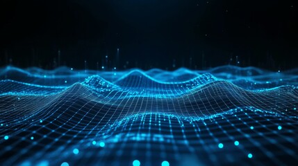 Futuristic grid forms digital landscape with glowing lines and points in a dark setting with blue accents for a high-tech visual experience