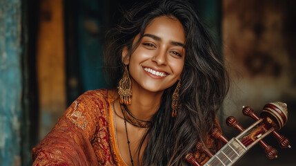 Joyful Brunette in Ethnic Clothing Playing Guitar: Street Portrait Capturing Bohemian Style and Youthful Energy during Sunset
