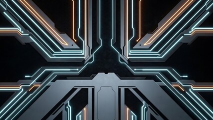 Futuristic metallic circuit board with neon blue and orange lines on black background neon blue lines