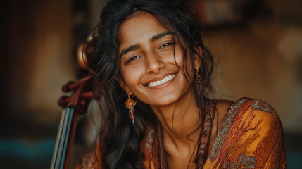 Joyful Portrait of a Smiling Woman in Vibrant Colors with Cello - Expressive Eyes & Cultural Attire