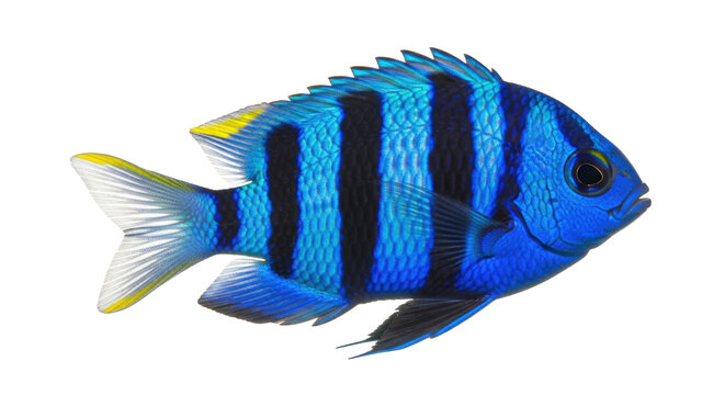 Indo-Pacific sergeant damselfish, iridescent electric blue body, five black stripes, yellow fin accents, mid-swim, isolated on white background, copy space, concept of marine life scientific beauty