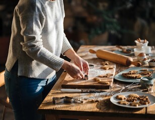 Single Baker Preparing Winter Cookies on Wooden Table in Cozy Seasonal Baking Scene