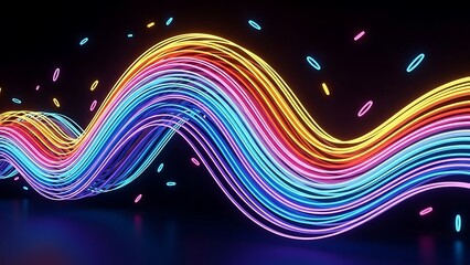 Colorful neon light trails waving in the dark with scattered oval shapes wave dark background
