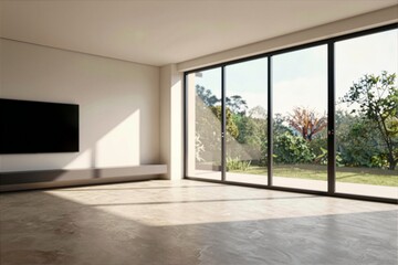Obraz premium Modern minimalist living room with large glass doors overlooking garden and wall-mounted TV