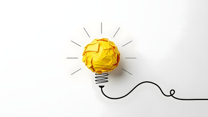 a crumpled yellow paper ball shaped like a lightbulb with a sketched base and cord suggesting a creative concept high quality professional detailed modern elegant stylish