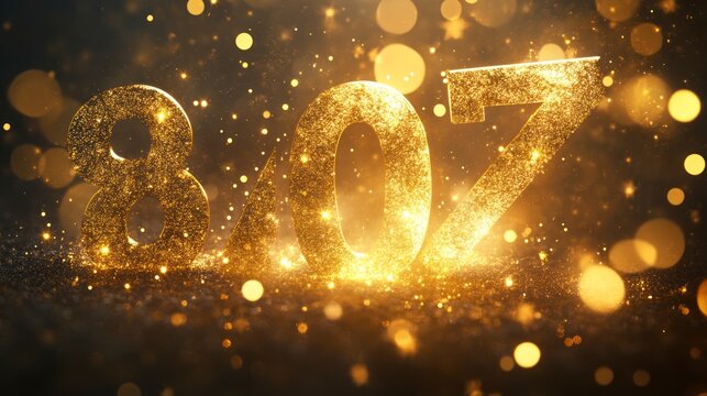 Glittering digital number 807 with bokeh effect on dark background