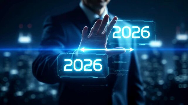A business executive's futuristic vision of 2026, touching a virtual display interface, symbolizing forward thinking and the concept of future goals.
