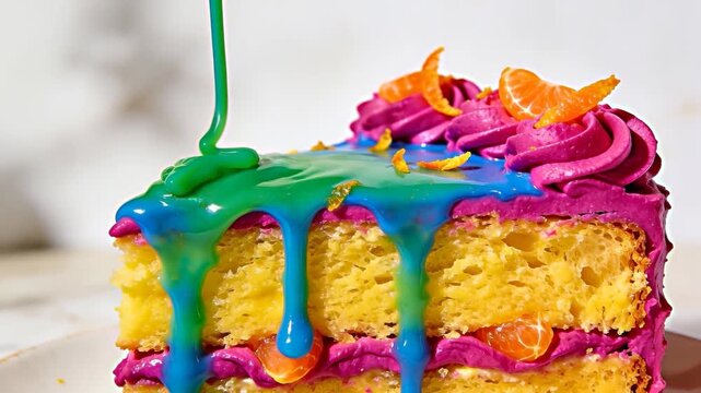 A vibrant slice of layered vanilla cake with purple frosting, topped with pink rosettes and candied orange peels, teal-to-blue glaze dramatically drips down the sides