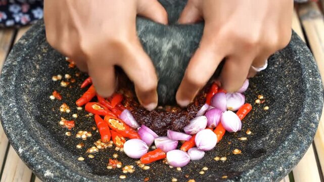 Grinding Chili Paste: Authentic Sambal Preparation