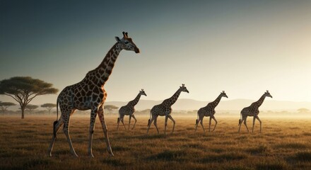 Giraffes in African savanna at sunrise