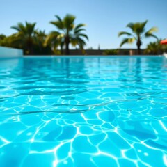 Fototapeta premium Crystal clear blue water in a sunlit swimming pool, inviting a refreshing dip on a warm day, relax, leisure