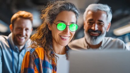Bright Minds at Work: A collaborative trio of professionals, their faces lit by the glow of a laptop screen, engage in a stimulating discussion. Capturing their shared smiles.