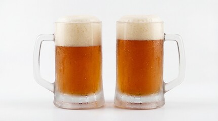 Two Frosty Beer Mugs with Rich Froth on a White Background Ready for a Refreshing Toast