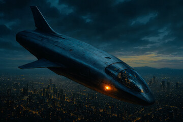 Fototapeta premium Close up of a sleek futuristic jet nose under a dark starry sky